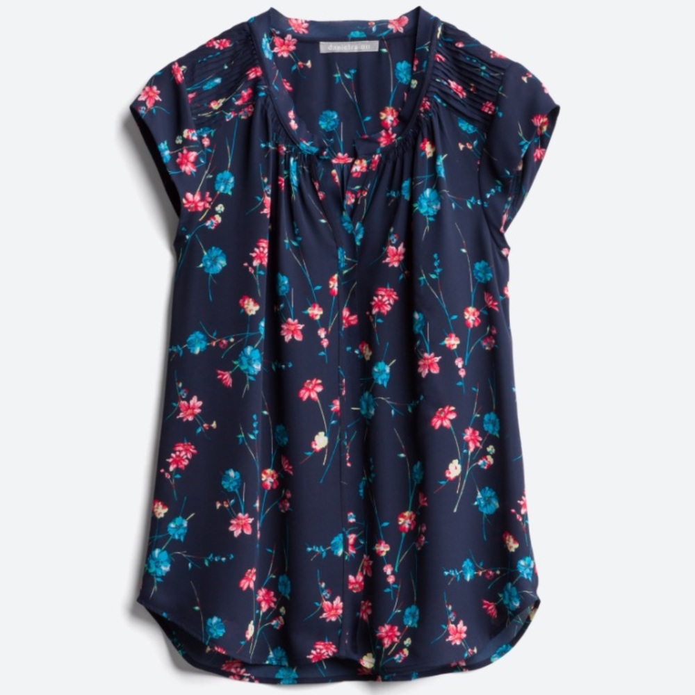 NWT DANIEL RAINN Bernal Split Neck Blouse Navy Floral